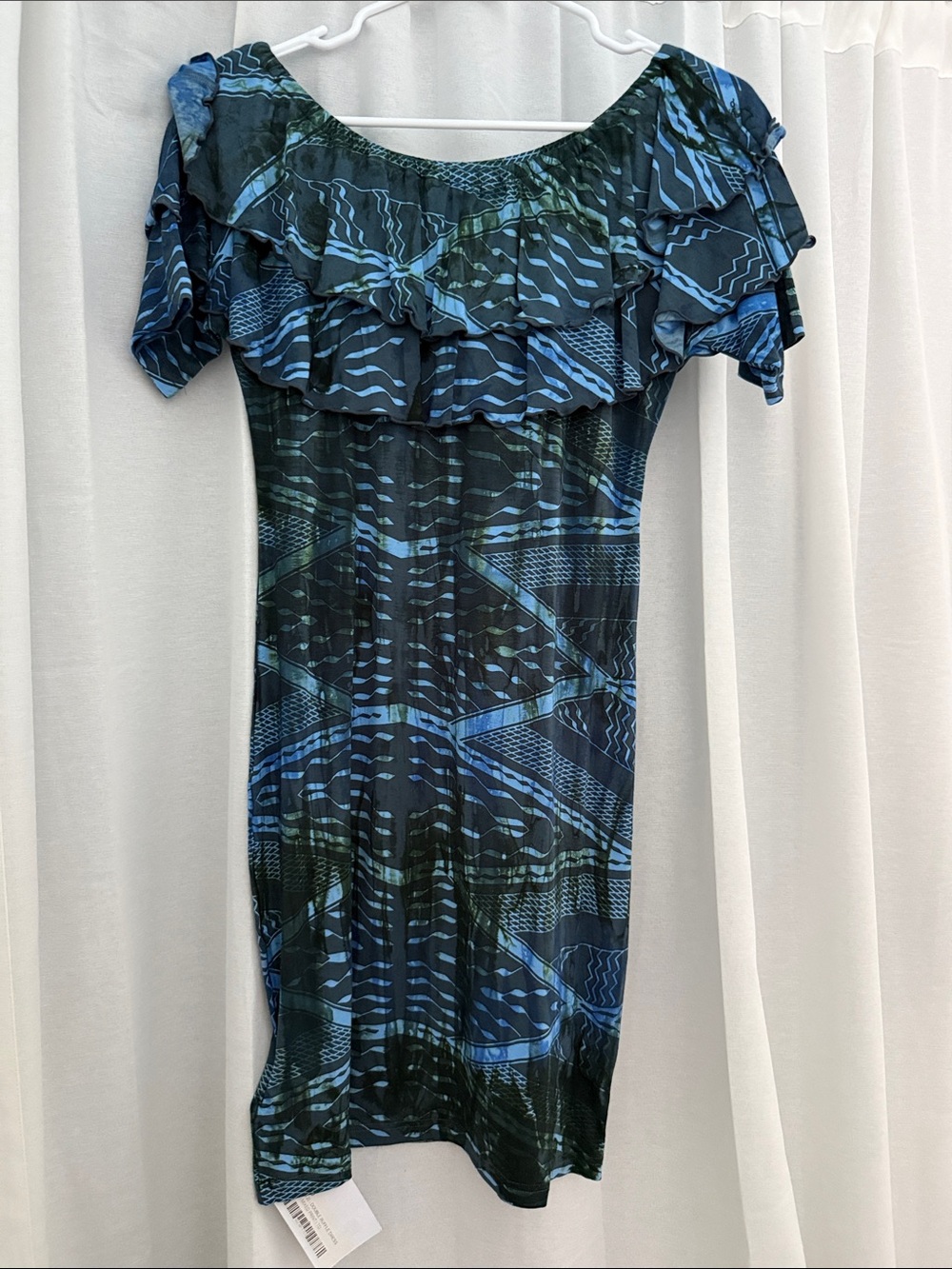 Blue Patterned Off-Shoulder Ruffle Dress by Missing Polynesia size 1 fits SM-LG